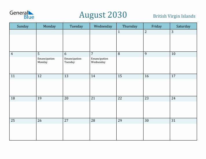 August 2030 Calendar with Holidays