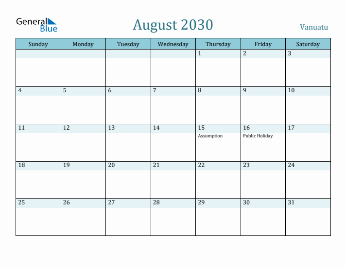 August 2030 Calendar with Holidays