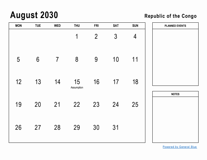 August 2030 Printable Monthly Calendar with Republic of the Congo Holidays