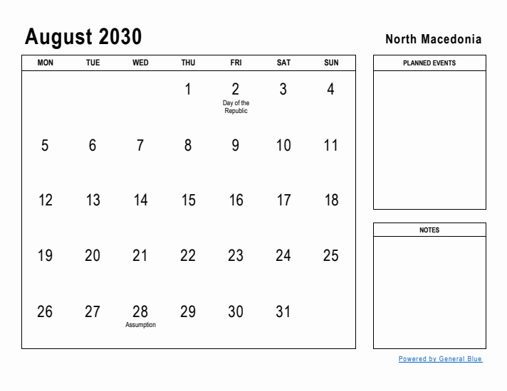August 2030 Printable Monthly Calendar with North Macedonia Holidays