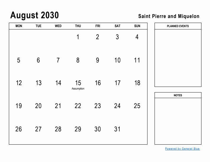 August 2030 Printable Monthly Calendar with Saint Pierre and Miquelon Holidays