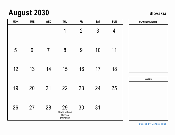 August 2030 Printable Monthly Calendar with Slovakia Holidays