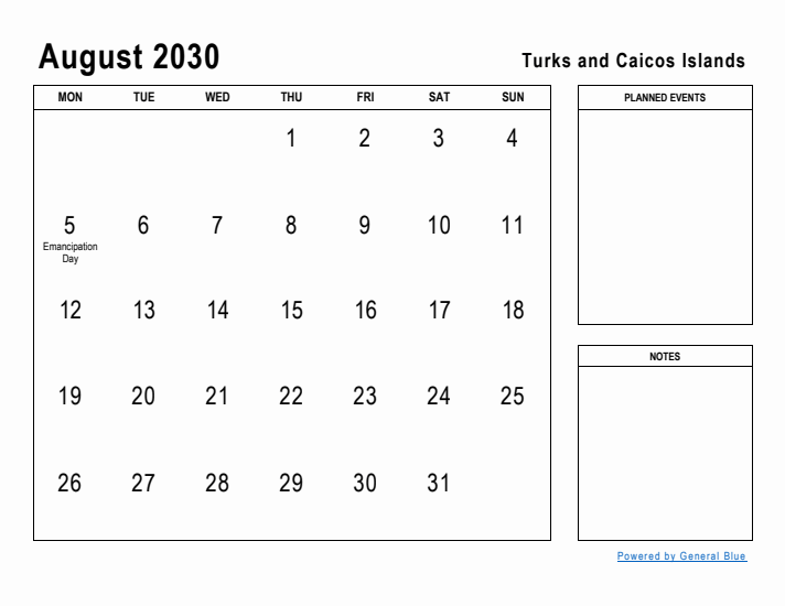 August 2030 Printable Monthly Calendar with Turks and Caicos Islands Holidays