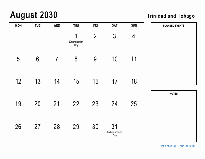 August 2030 Printable Monthly Calendar with Trinidad and Tobago Holidays