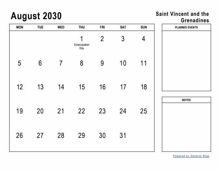 August 2030 Printable Monthly Calendar with Saint Vincent and the Grenadines Holidays