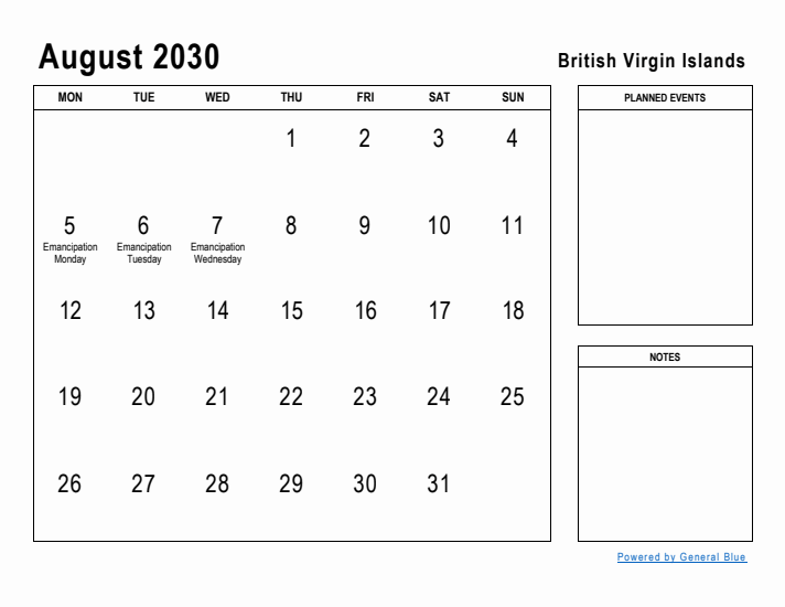August 2030 Printable Monthly Calendar with British Virgin Islands Holidays