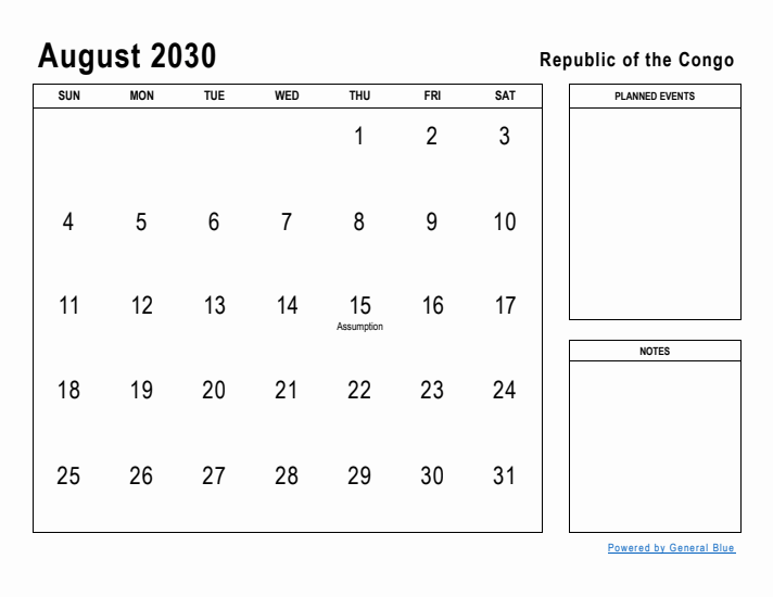 August 2030 Printable Monthly Calendar with Republic of the Congo Holidays