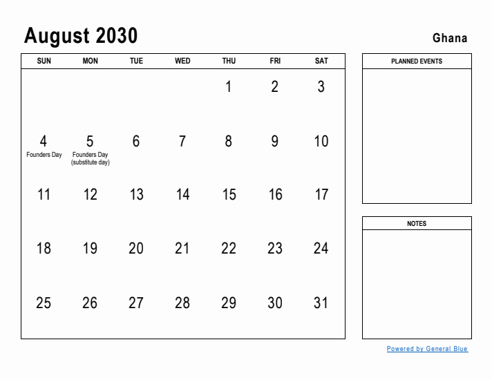 August 2030 Printable Monthly Calendar with Ghana Holidays