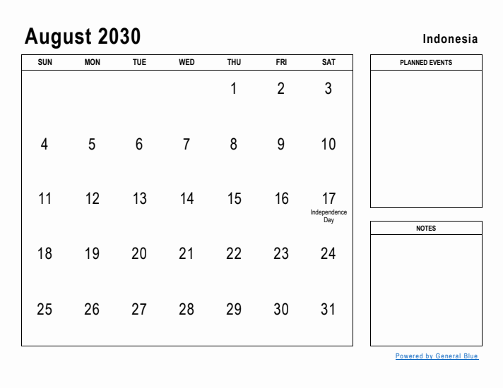 August 2030 Printable Monthly Calendar with Indonesia Holidays