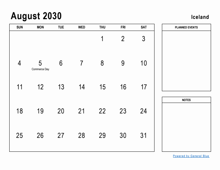 August 2030 Printable Monthly Calendar with Iceland Holidays