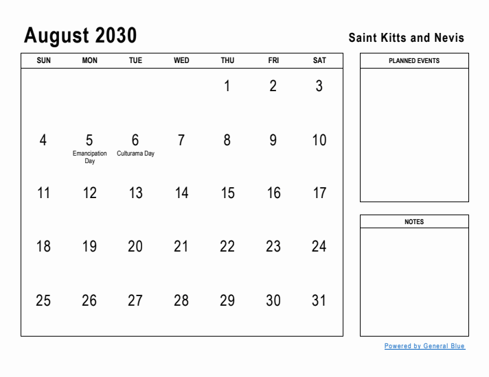 August 2030 Printable Monthly Calendar with Saint Kitts and Nevis Holidays