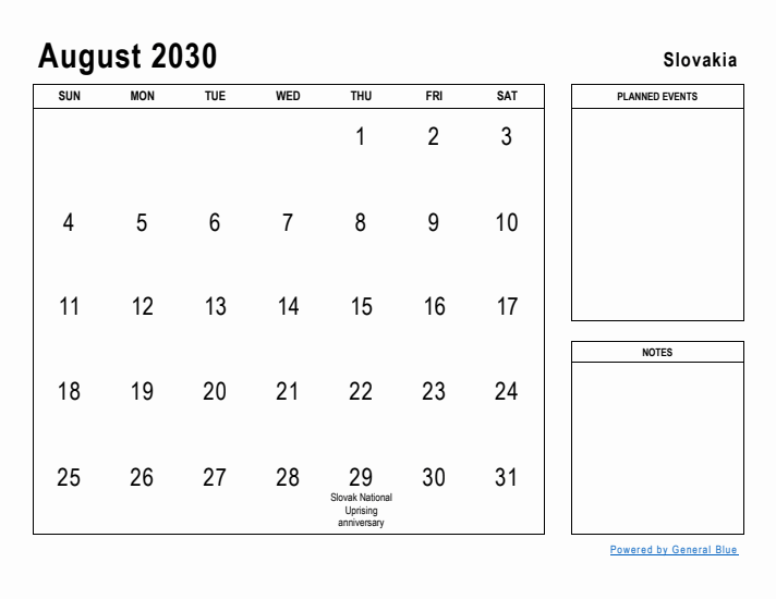 August 2030 Printable Monthly Calendar with Slovakia Holidays