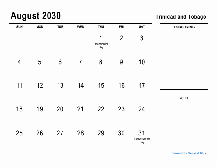 August 2030 Printable Monthly Calendar with Trinidad and Tobago Holidays