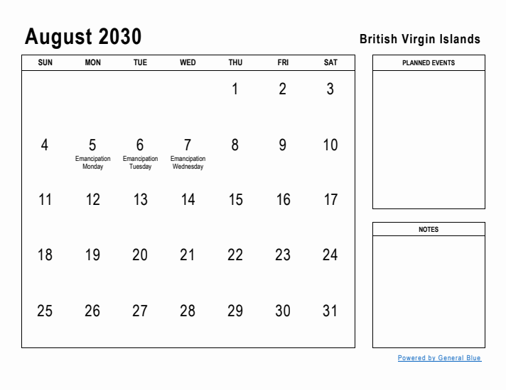 August 2030 Printable Monthly Calendar with British Virgin Islands Holidays