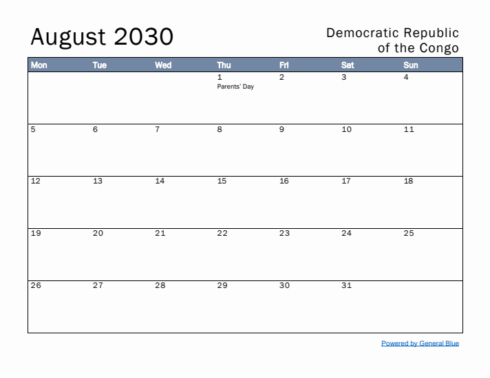 August 2030 Simple Monthly Calendar for Democratic Republic of the Congo