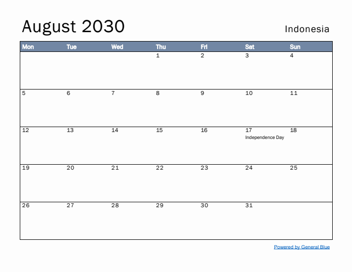 August 2030 Simple Monthly Calendar for Indonesia
