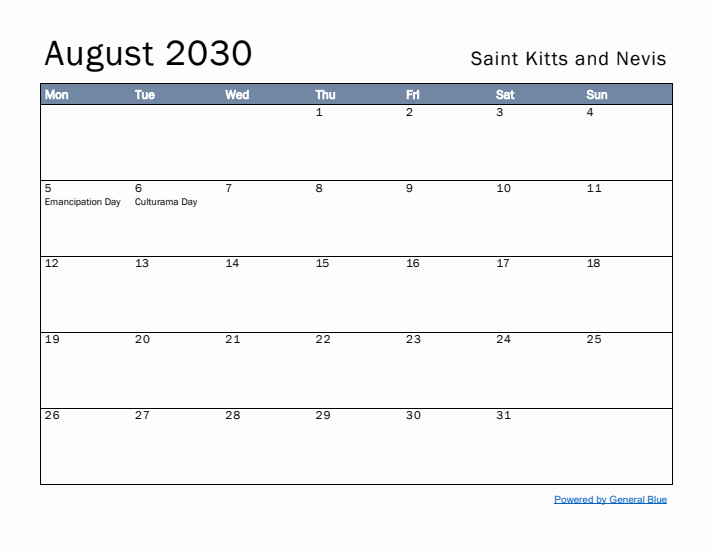 August 2030 Simple Monthly Calendar for Saint Kitts and Nevis