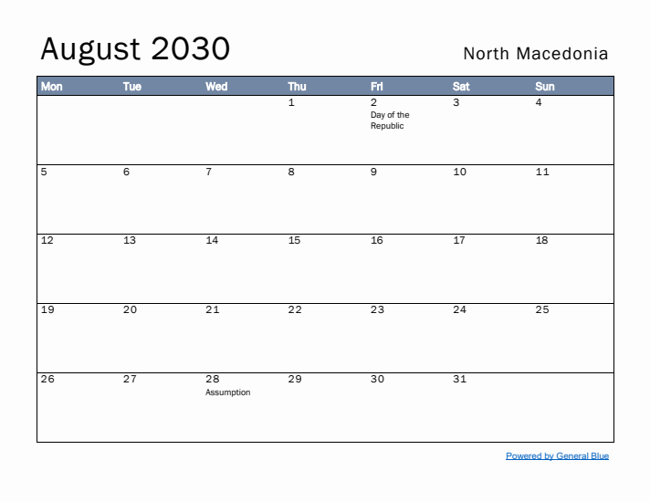 August 2030 Simple Monthly Calendar for North Macedonia