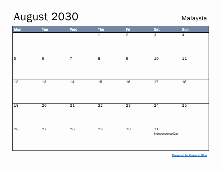 August 2030 Simple Monthly Calendar for Malaysia