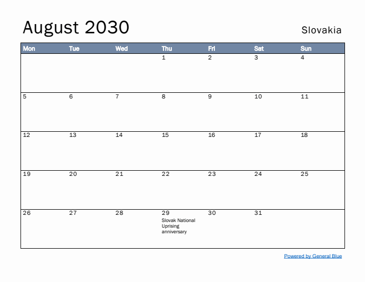 August 2030 Simple Monthly Calendar for Slovakia
