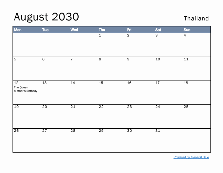 August 2030 Simple Monthly Calendar for Thailand