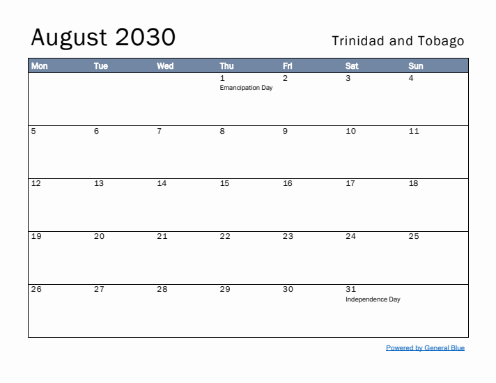 August 2030 Simple Monthly Calendar for Trinidad and Tobago