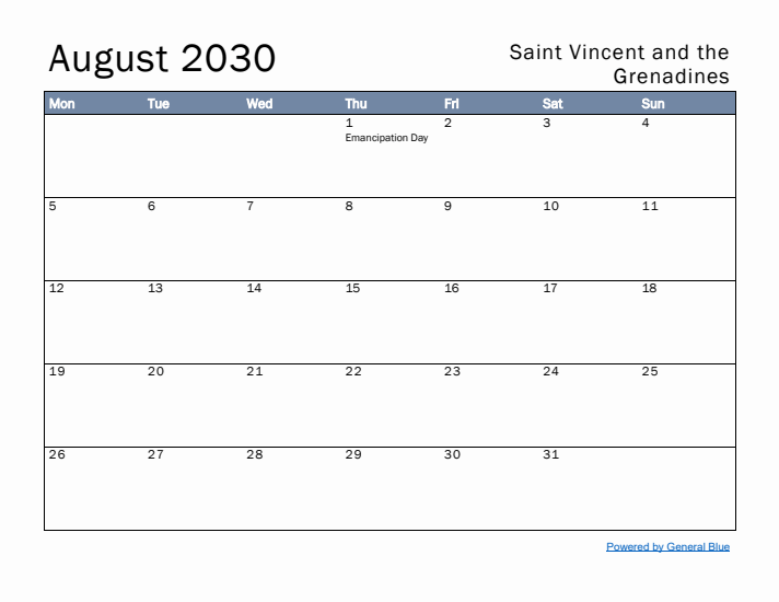 August 2030 Simple Monthly Calendar for Saint Vincent and the Grenadines