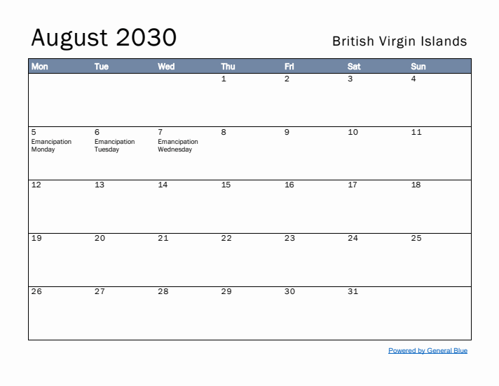 August 2030 Simple Monthly Calendar for British Virgin Islands