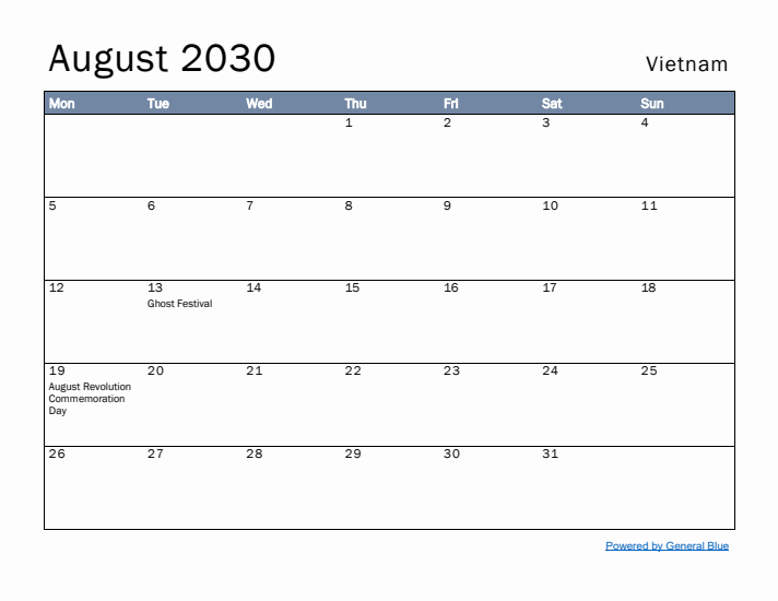 August 2030 Simple Monthly Calendar for Vietnam