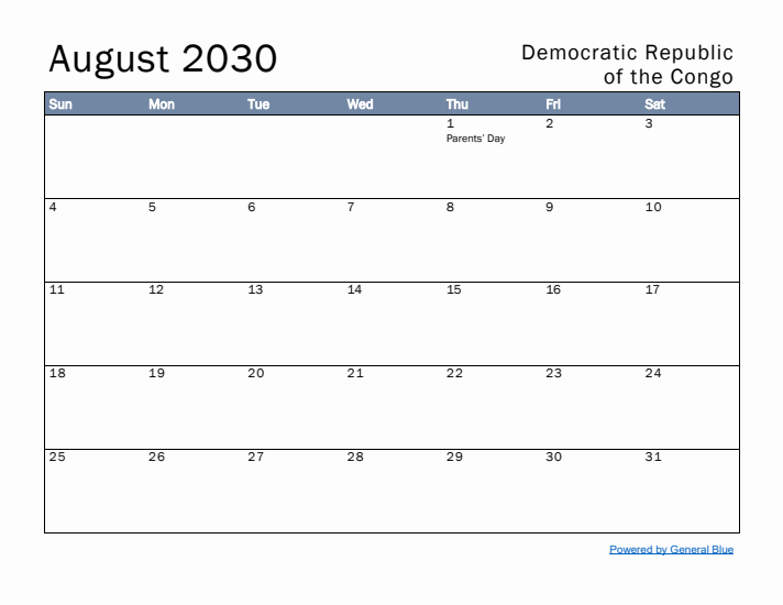 August 2030 Simple Monthly Calendar for Democratic Republic of the Congo