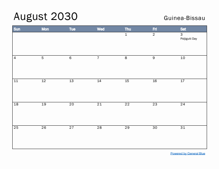 August 2030 Simple Monthly Calendar for Guinea-Bissau