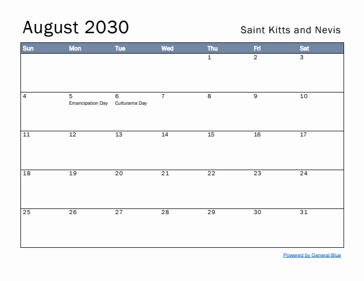 August 2030 Simple Monthly Calendar for Saint Kitts and Nevis