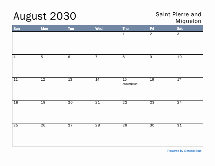 August 2030 Simple Monthly Calendar for Saint Pierre and Miquelon