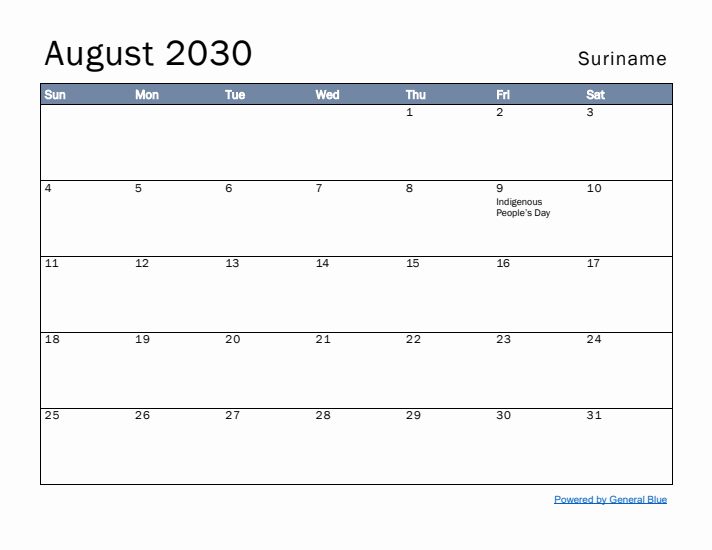 August 2030 Simple Monthly Calendar for Suriname