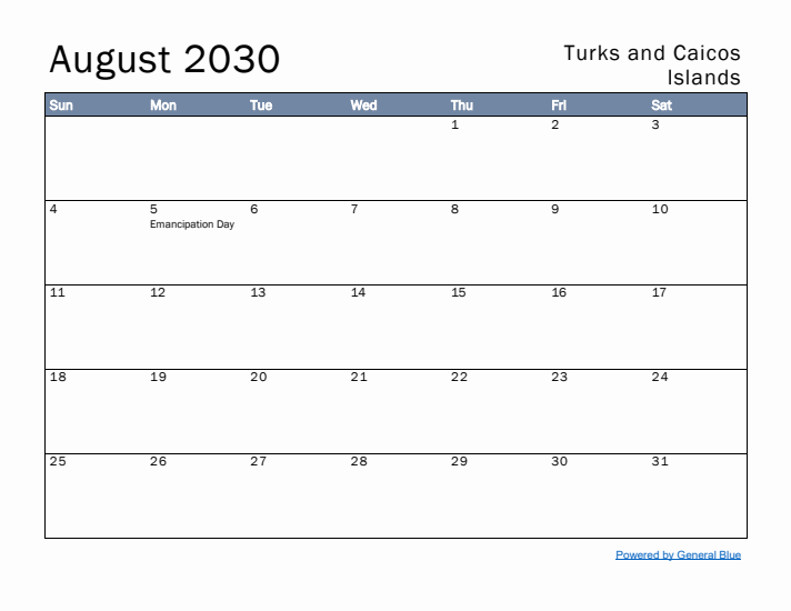 August 2030 Simple Monthly Calendar for Turks and Caicos Islands