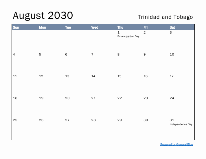 August 2030 Simple Monthly Calendar for Trinidad and Tobago