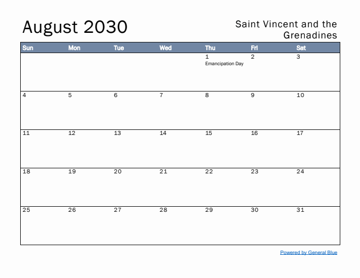 August 2030 Simple Monthly Calendar for Saint Vincent and the Grenadines