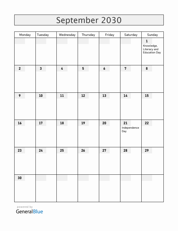 Armenia September 2030 Calendar with Holidays