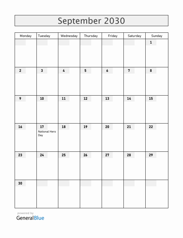Angola September 2030 Calendar with Holidays