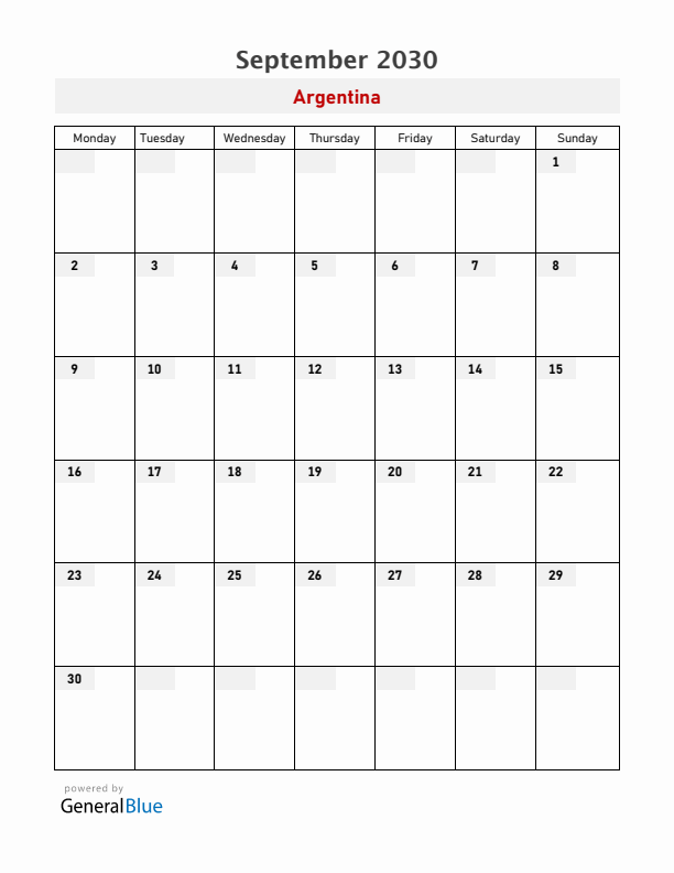 Argentina September 2030 Calendar with Holidays