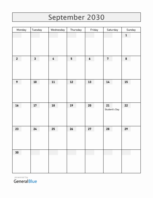 Bolivia September 2030 Calendar with Holidays