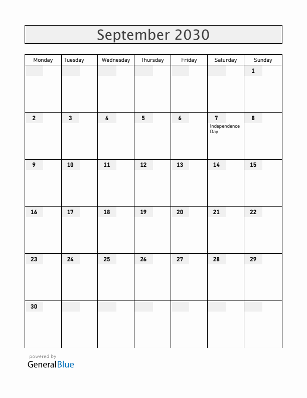 Brazil September 2030 Calendar with Holidays
