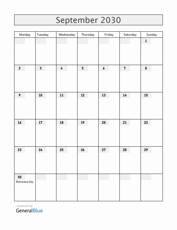 Botswana September 2030 Calendar with Holidays