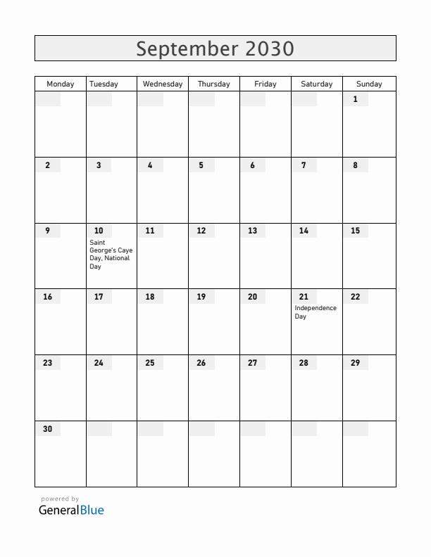 Belize September 2030 Calendar with Holidays