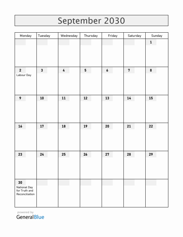 Canada September 2030 Calendar with Holidays
