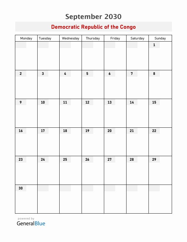 Democratic Republic of the Congo September 2030 Calendar with Holidays
