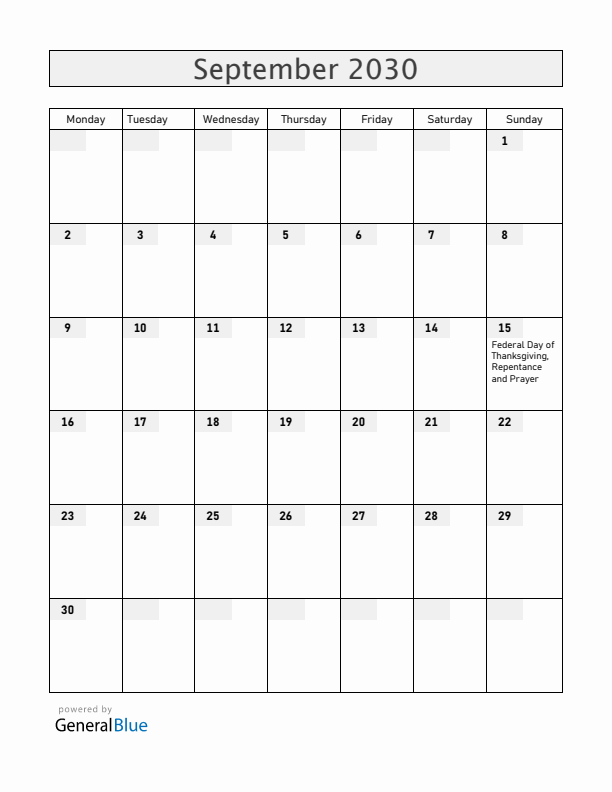 Switzerland September 2030 Calendar with Holidays