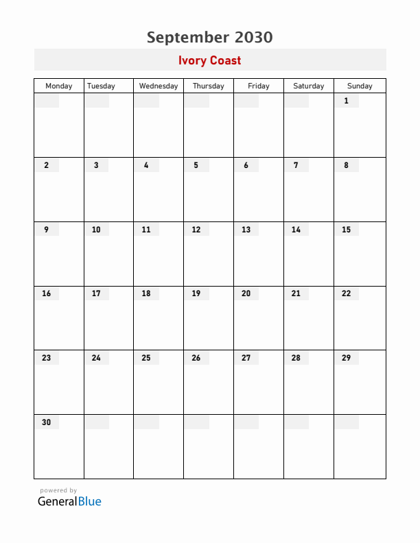Ivory Coast September 2030 Calendar with Holidays