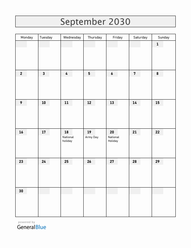 Chile September 2030 Calendar with Holidays