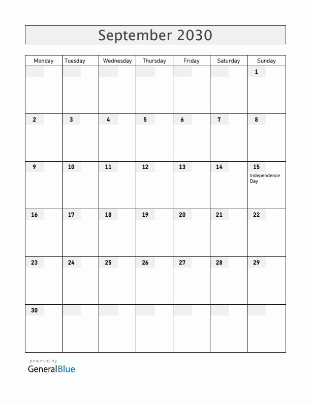 Costa Rica September 2030 Calendar with Holidays